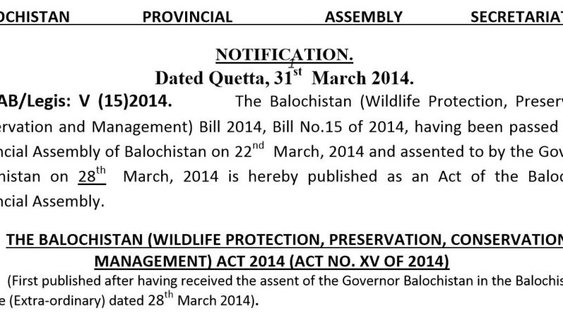The Balochistan (Wildlife Protection, Preservation, Conservation & Management) Act 2014 (Act No. XV of 2014)